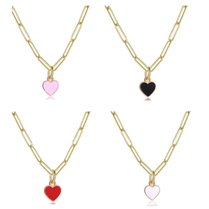 Detailed grid view of paperclip chain necklaces with heart enamel pendants in four colors