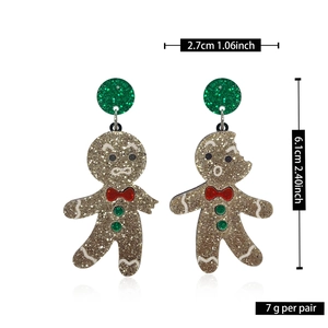 Detailed size chart showing acrylic gingerbread man earrings with weight and measurements