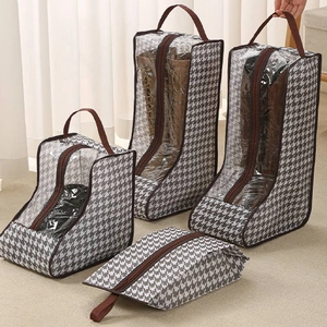 Portable Shoe Storage Bags Dustproof Boot Bags With Transparent Window Zippered Handle Travel Home Houndstooth Mesh