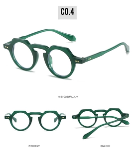 Multi-angle view of vintage round sunglasses in translucent dark green with rivet detail