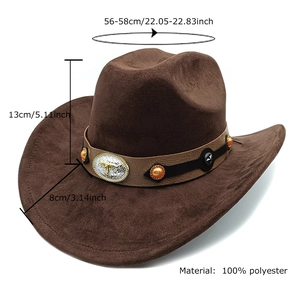 Brown faux suede western cowboy hat with metal bull head and orange studs on white background