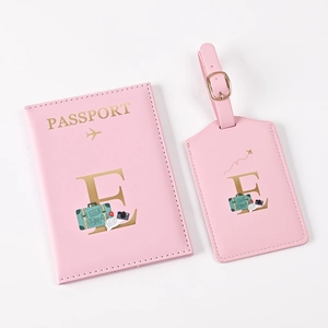 Pink PU leather passport holder and luggage tag set with letter E and travel icons