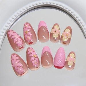 Set mit 24 Stück 3D-Blumen-Drucknägeln mit rosa Farbverlauf und Blütendesigns