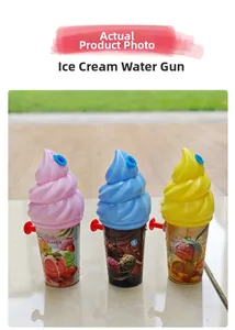 Close-up of colorful ice cream water guns with water droplets on a wooden surface