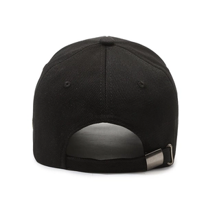 Black cotton baseball cap with adjustable metal buckle back view on white background