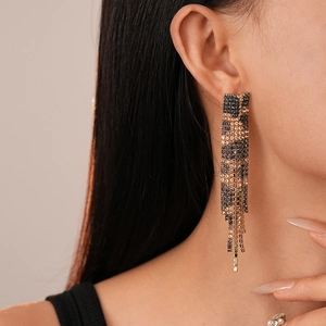 Macro shot of rectangular leopard print earrings with sparkling rhinestones and tassels