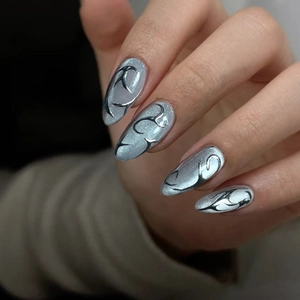 Press On Nails Silver Grey Cat Eye Black Flame Tribal Almond Long Full Cover ABS False Nails For Women With Glue Cool