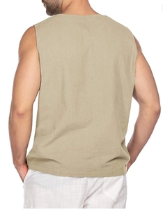 Rear view of khaki sleeveless linen shirt showing back tailoring and fabric texture