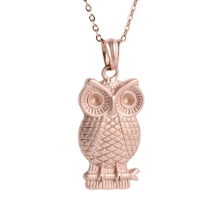 Rose gold stainless steel owl pendant necklace with intricate feather texture detail