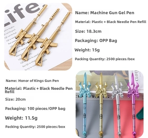 Detail of creative weapon-shaped gel pens featuring rifle and trident designs