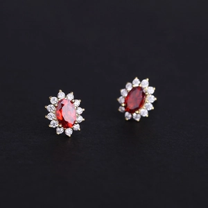 Elegant 18K gold S925 silver stud earrings with oval red garnet and white zircon halo