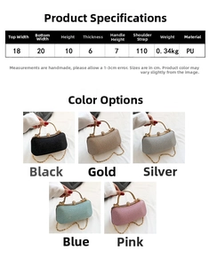 Detailed size guide and color options for shimmer evening clutch with metal handle