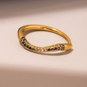 Golden wave ring with colorful cubic zirconia stones and 18k gold plated finish