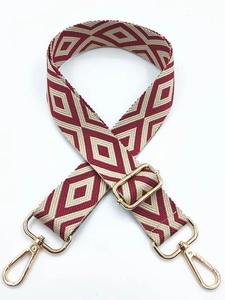 Adjustable burgundy and beige embroidered diamond pattern wide shoulder strap for bags