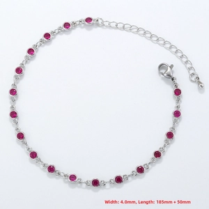 Detail of silver chain bracelet with round ruby-red stones and lobster clasp, 4mm width