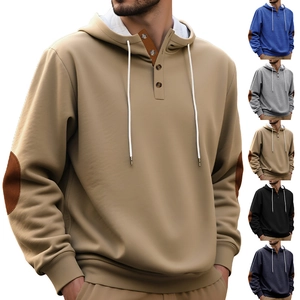 Men Hoodie Sweatshirt Polyester Knitted Button Neck Elbow Patch Casual Loose Pullover Drawstring Hooded
