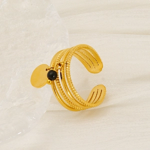 18K gold plated multi-layer adjustable ring with black stone and gold disc charms