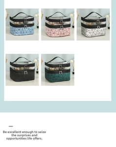 Detail view of double-layer makeup bags in five colors with geometric triangle pattern