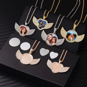 Sublimation angel wing heart photo necklaces in gold, silver and rose gold with rhinestones