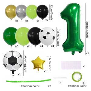 Soccer themed balloon arch kit with green number 1 and metallic balloons for party decor