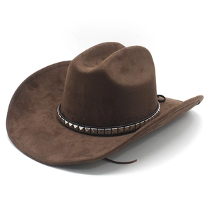Classic dark brown suede cowboy hat with wide brim and studded metal rivet band