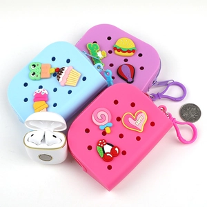 Mini Silicone Coin Purse Cartoon Hole Design Earphone Case With Detachable Charms Portable Zipper Storage Bag For Kids
