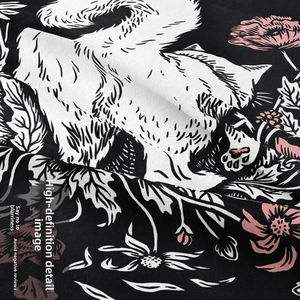 Close-up of cat tapestry fabric showing twill texture and detailed hand-drawn feline print