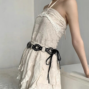 Y2K vintage black leather belt with metal eyelets and side lace-up design for women