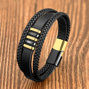 Handcrafted multilayer black leather bracelet for men with golden stainless steel magnetic clasp