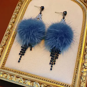 Elegant rhombic diamond earrings with royal blue fur balls and long tassel chain fringe