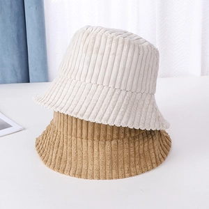 Women's corduroy bucket hats in beige and khaki colors with vertical stacked layout