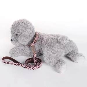 Pink leopard print pony hair dog collar and leash set with golden metal buckle details