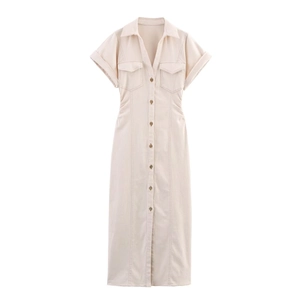 Short sleeve V-neck midi denim dress in cream beige with button-up waist detail
