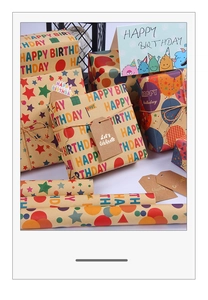 Detail of Happy Birthday kraft wrapping paper set with colorful patterns and gift tags