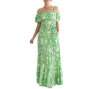 Off-shoulder floral maxi dress with ruffle neckline and waist tie in green and white