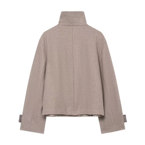 Chic women's taupe wool blend short jacket with high collar and raglan sleeves