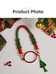 Detail of Christmas themed hand-woven water bottle handle strap with festive green tree charm
