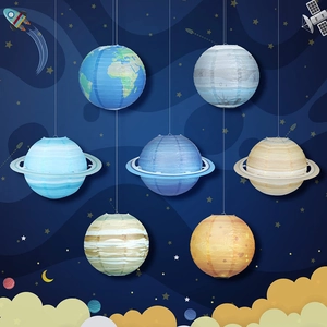 Solar system paper lanterns featuring Saturn and Earth designs for space themed parties