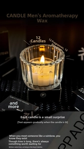 Macro shot of 12 luxury scented candles in glass jars revealing hidden poetic messages