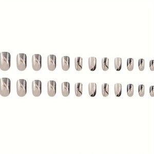 Press-on nail set featuring 24pcs with feather pattern and metallic liquid sand texture