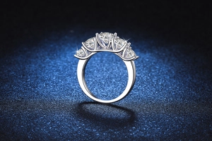 Macro shot of silver 5-stone moissanite ring with round brilliant gems on blue background
