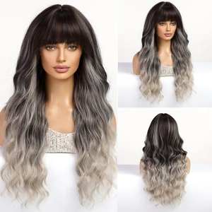 Detailed views of gradient grey to silver long wavy wig with bangs from multiple angles