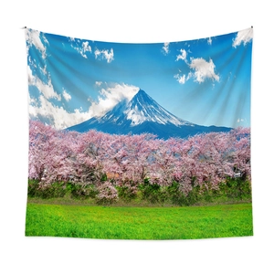Close-up of Mount Fuji and cherry blossom print on a bohemian fabric wall tapestry