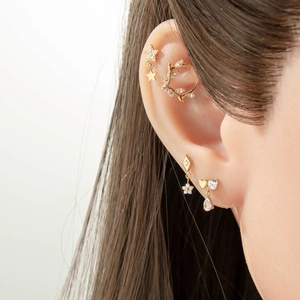 Titanium flat back stud set with gold star leaf and teardrop charm dangles