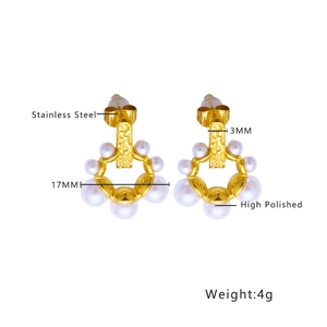 Macro detail of high polished stainless steel pearl earrings with 17mm size dimensions
