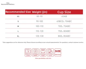 Detailed size chart for yoga set showing weight and cup size recommendations from XS to XL
