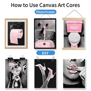 Black and white fashion canvas prints with pink glitter accents for bathroom wall decor