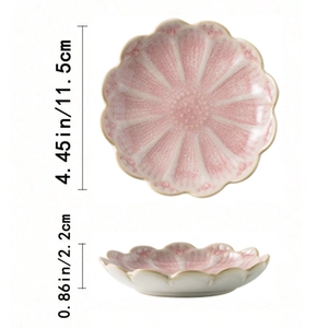 Top and side view of a pink ceramic lotus petal dish with size labels 11.5cm by 2.2cm