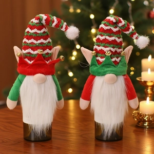 Christmas Gnome Wine Bottle Cover Knitted Elf Topper With Faux Fur Beard Small Bell Holiday Table Dinner Decor