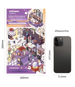 Macro detail of DIY 3D scene stickers with magic laboratory theme and size reference